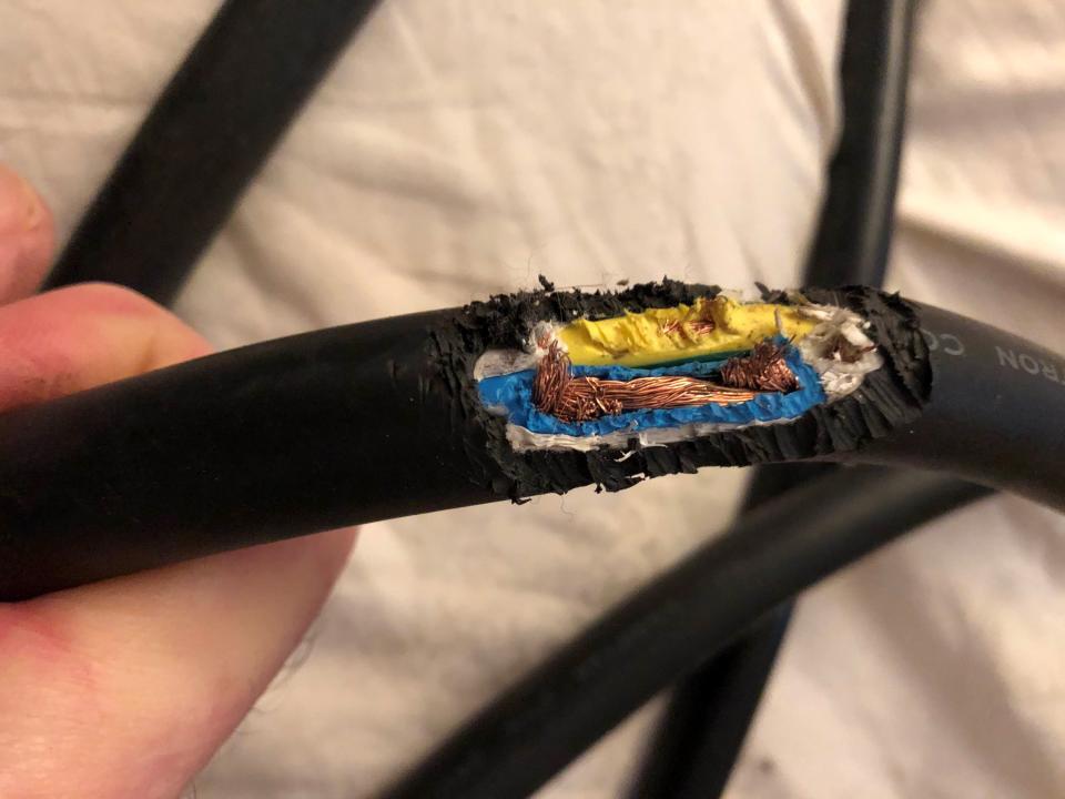 Stan Goldberg of San Francisco said the Chevrolet Bolt recall has cost him $300. He had to replace this charger after a rodent chewed through the cord because Goldberg had to park the EV outside. GM recalled all 2017-22 Bolts for possible fire risk and until it finds a fix, it has asked owners to not park the vehicles in their garage.