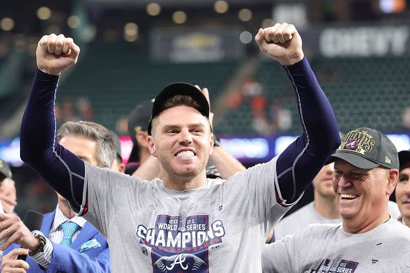 HOUSTON, TEXAS - NOVEMBER 02:  Freddie Freeman #5 of the Atlanta Braves celebrates after the team's 7-0 victory against the Houston Astros in Game Six to win the 2021 World Series at Minute Maid Park on November 02, 2021 in Houston, Texas. (Photo by Carmen Mandato/Getty Images)