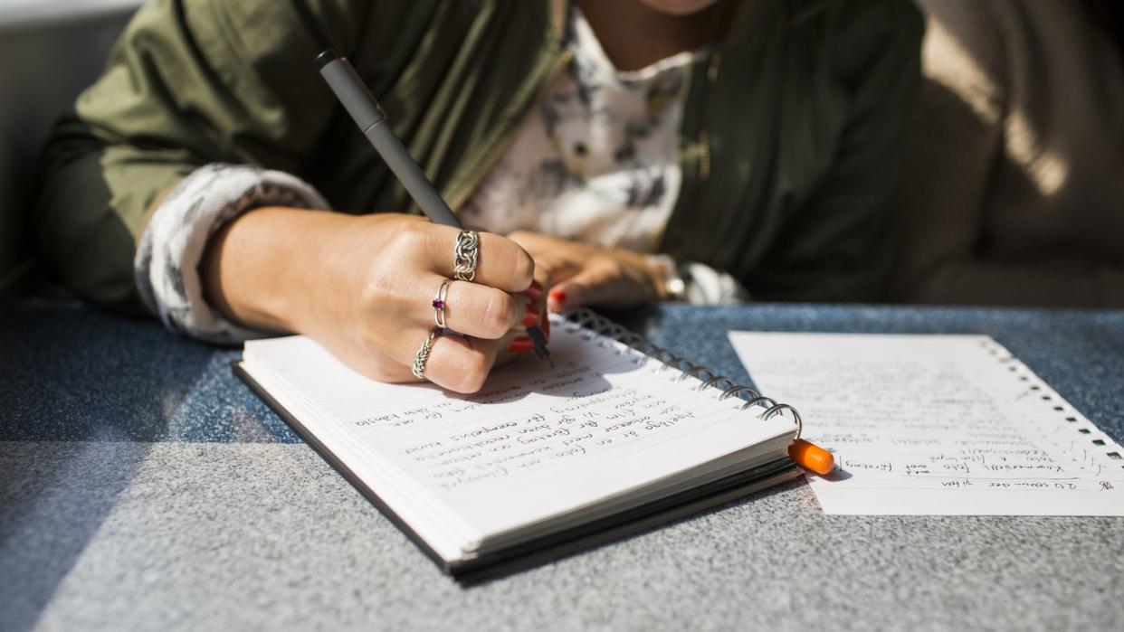 midsection of businesswoman writing on diary in train