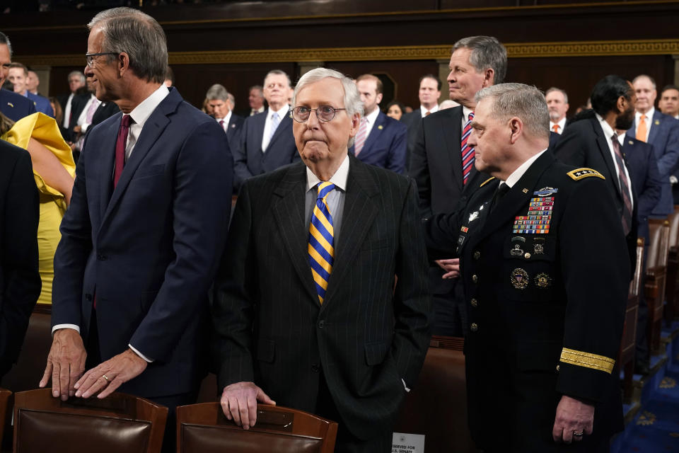 Senate Minority Leader Mitch McConnell was seen sporting a blue and yellow tie at the 2023 State of the Union address. / Credit: Jacquelyn Martin / Getty Images