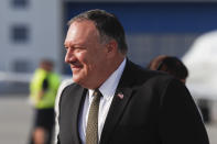 U.S. Secretary of State Mike Pompeo arrives at the airport in Prague, Czech Republic, Tuesday, Aug. 11, 2020. U.S. Secretary of State Mike Pompeo is in Czech Republic at the start of a four-nation tour of Europe. Slovenia, Austria and Poland the other stations of the trip. (AP Photo/Petr David Josek, Pool)