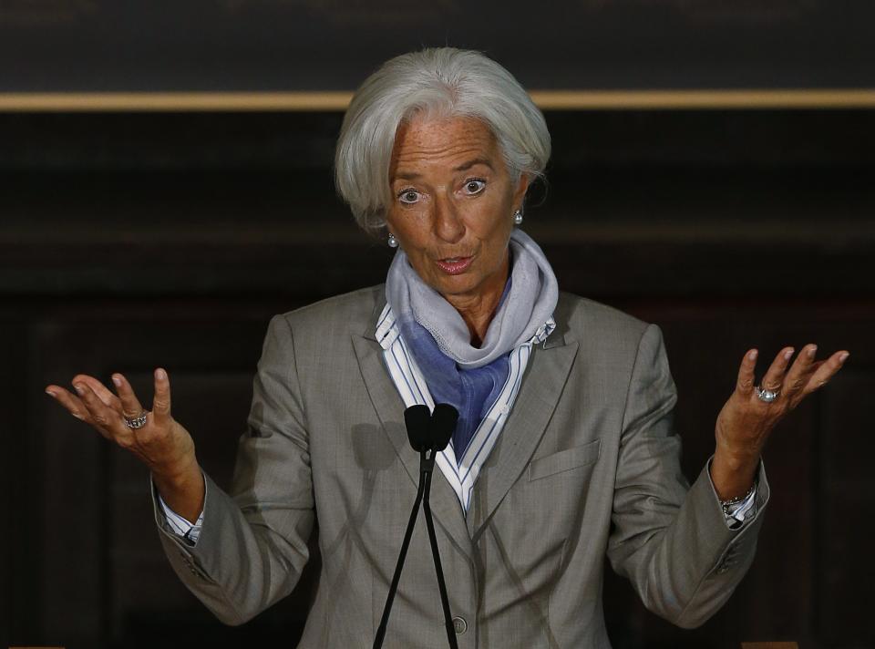International Monetary Fund (IMF) Director Christine Lagarde delivers her speech on the global economy ahead of the fall meetings of the IMF and World Bank at Georgetown University in Washington October 2, 2014. REUTERS/Gary Cameron (UNITED STATES - Tags: BUSINESS POLITICS)