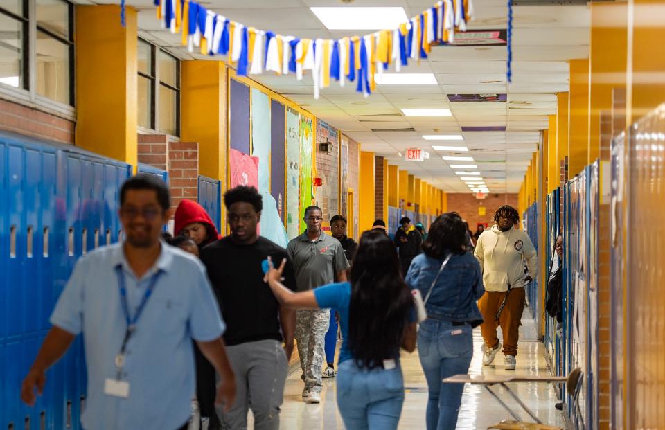 Students and staff walk the halls at Wingfield High School in Jackson on Tuesday, May 14, 2024. Wingfield High School will permanently close at the end of the school year.