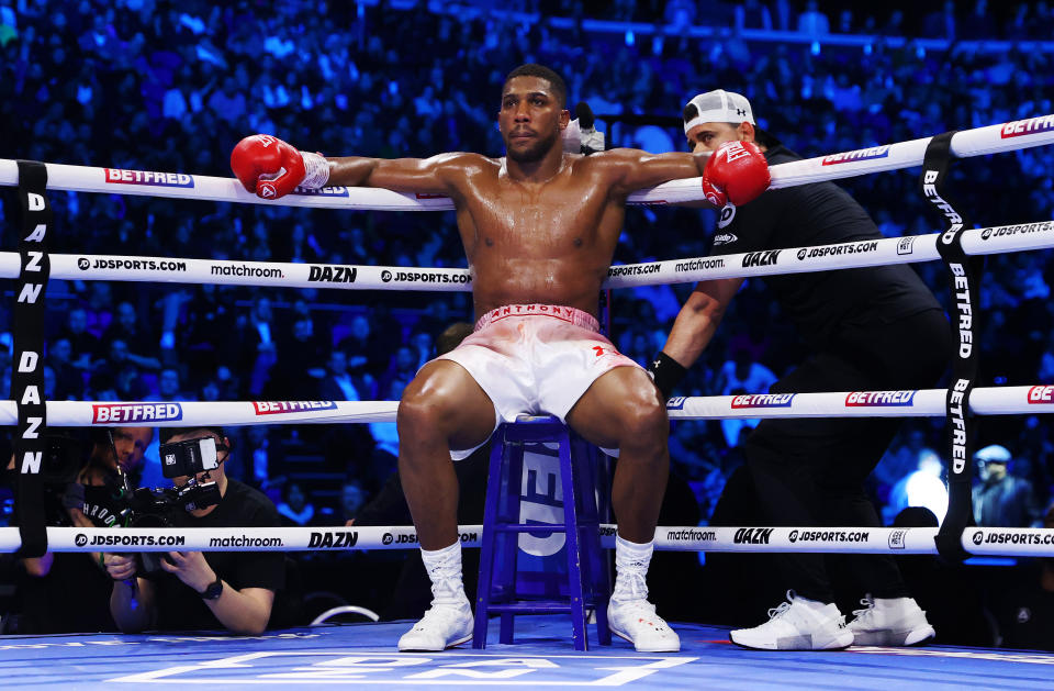 LONDON, ENGLAND - APRIL 01: Anthony Joshua looks on from his corner during the Heavyweight fight between Anthony Joshua and Jermaine Franklin at The O2 Arena on April 01, 2023 in London, England. (Photo by James Chance/Getty Images)