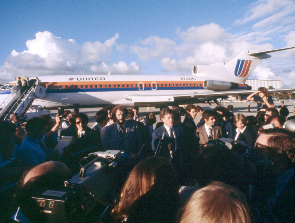 Sen. Edward Kennedy, shown at Miami Airport during a news conference on Nov. 9, 1979.