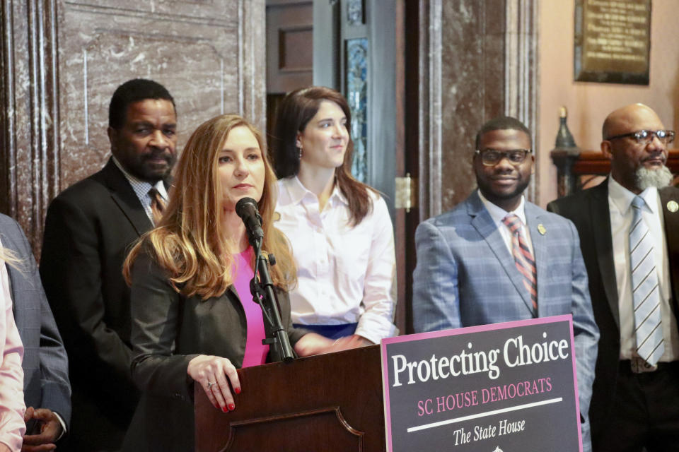Democratic Rep. Spencer Wetmore unveils Democrats’ bill to safeguard abortion access in South Carolina on Tuesday, Feb. 14, 2023. The South Carolina House debated a full abortion ban from conception on Wednesday, Feb. 15, in Columbia, S.C. (AP Photo/James Pollard)