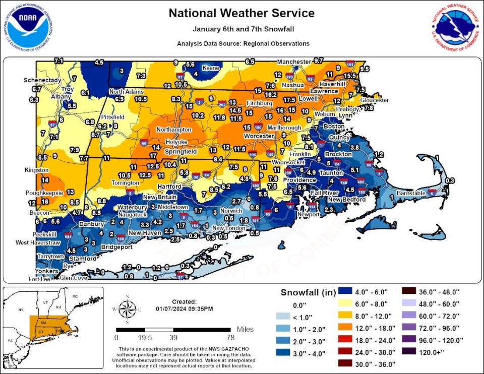 Snow totals from the weekend storm as of 9 p.m. on Sunday.