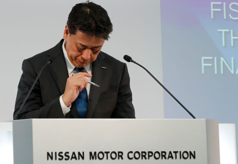 FILE PHOTO: Nissan Motor Co CEO Makoto Uchida attends a news conference at the company's headquarters in Yokohama