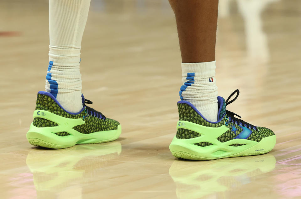 Nov 19, 2023; Portland, Oregon, USA; Shoes worn by Oklahoma City Thunder guard Shai Gilgeous-Alexander (2) in a game Portland Trail Blazers in the first half at Moda Center. Mandatory Credit: Jaime Valdez-USA TODAY Sports