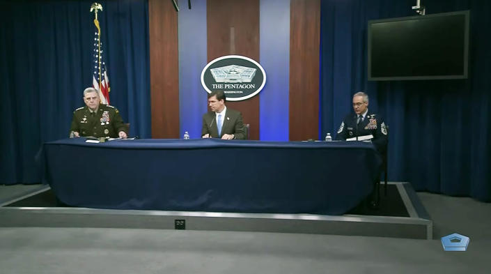 Defense Secretary Dr. Mark T. Esper; Army Gen. Mark A. Milley, chairman of the Joint Chiefs of Staff; and Senior Enlisted Advisor to the Chairman of the Joint Chiefs of Staff Ramón “CZ” Colón-López hold a virtual town hall meeting at the Pentagon. They will answer questions about COVID-19 from service members, Defense Department civilians and family members around the globe, May 28, 2020.