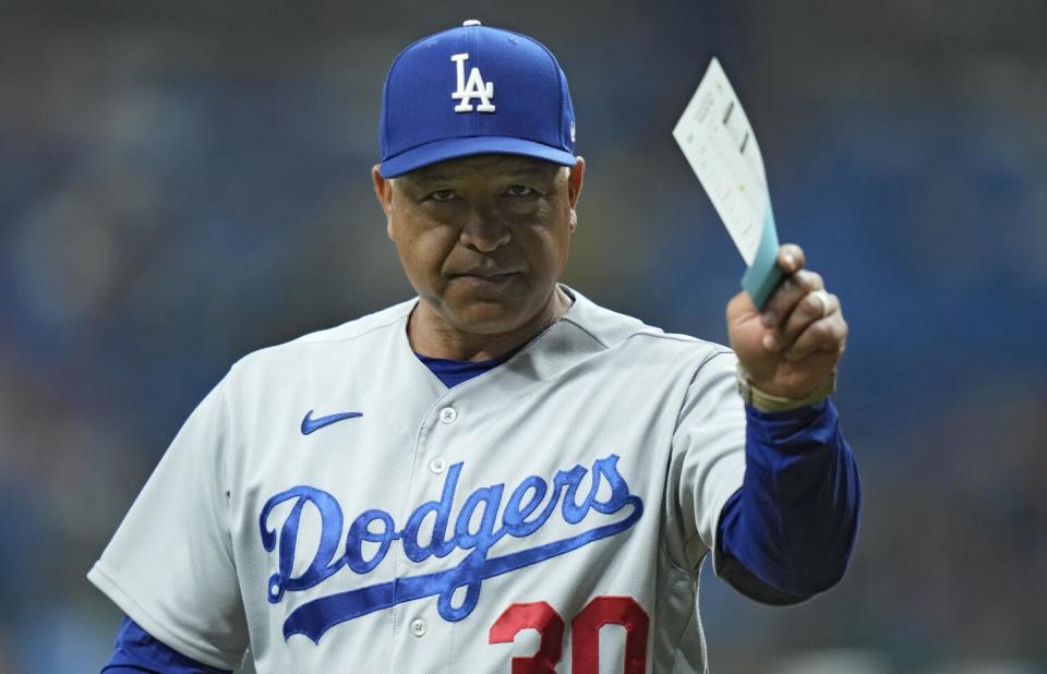 Los Angeles Dodgers manager Dave Roberts before a game against the Tampa Bay Rays on May 26, 2023, in St. Petersburg, Fla.