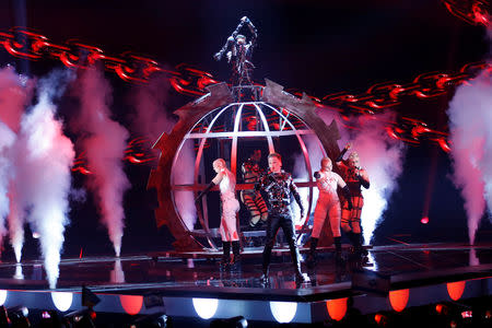 Participant Hatari of Iceland performs during the Grand Final of the 2019 Eurovision Song Contest in Tel Aviv, Israel May 18, 2019. REUTERS/Ronen Zvulun