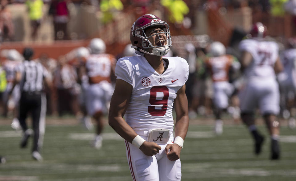 Alabama quarterback Bryce Young (9) celebrates against Texas during the first half of an NCAA college football game, Saturday, Sept. 10, 2022, in Austin, Texas. (AP Photo/Rodolfo Gonzalez)