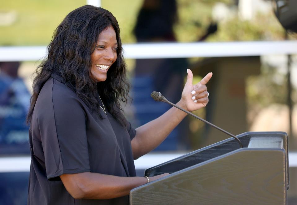 Charmelle Green, University of Utah’s deputy athletic director, chief operating officer and senior woman administrator, speaks during a ribbon-cutting event for the Dumke Gymnastics Center’s expansion at the University of Utah in Salt Lake City on Thursday, Aug. 17, 2023. | Kristin Murphy, Deseret News