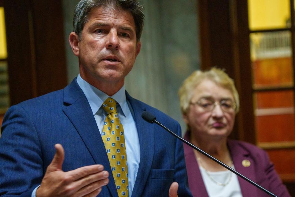 Inside the Senate Chamber of the Indiana Statehouse, Senate President Pro Tem Rodric Bray, R-Martinsville, and Sen. Sue Glick, R-LaGrange, speak Wednesday, July 20, 2022, about bills they are introducing and a Senate schedule for the special session that will begin July 25. 