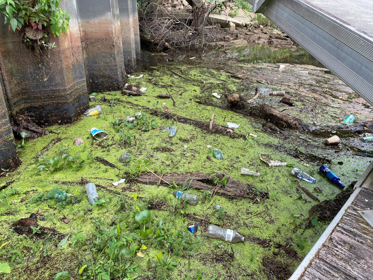 FILE - Trash accumulates on the Savannah River in downtown Augusta just below the Riverwalk.