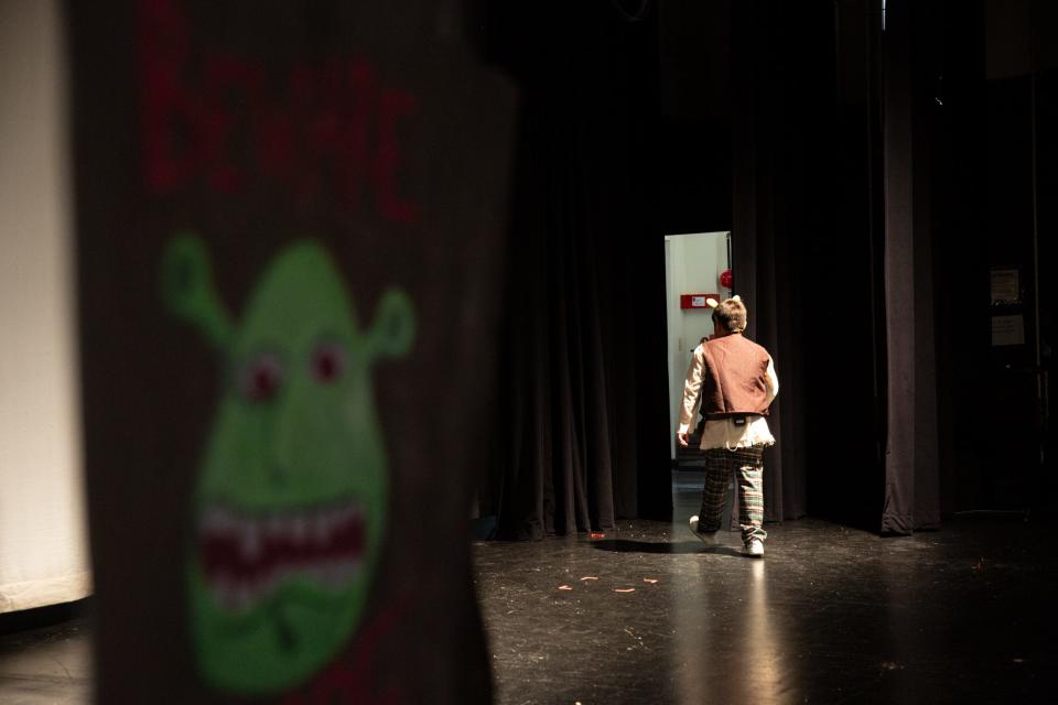 Fifth grade student Liam Loera, playing Shrek in Shrek Jr., walks off stage during dress rehearsals at Metro Elementary on Thursday, March, 21, 2024, in Corpus Christi, Texas.