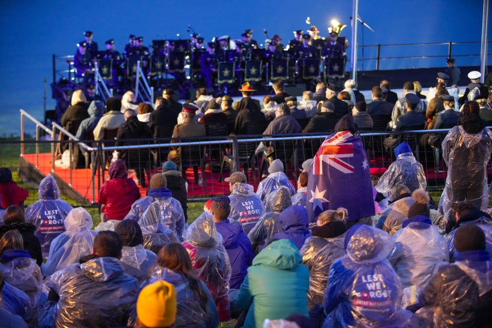 Australian and New Zealand soldiers along with people attend the Dawn Service ceremony at the Anzac Cove beach, the site of the April 25, 1915, World War I landing of the ANZACs (Australian and New Zealand Army Corps) on the Gallipoli peninsula, Turkey, early Tuesday, April 25, 2023. During the 108th Anniversary of Anzac Day, people from Australia and New Zealand joined Turkish and other nations' dignitaries at the former World War I battlefields for a dawn service Tuesday to remember troops that fought during the Gallipoli campaign between British-led forces against the Ottoman Empire army. (AP Photo/Emrah Gurel)