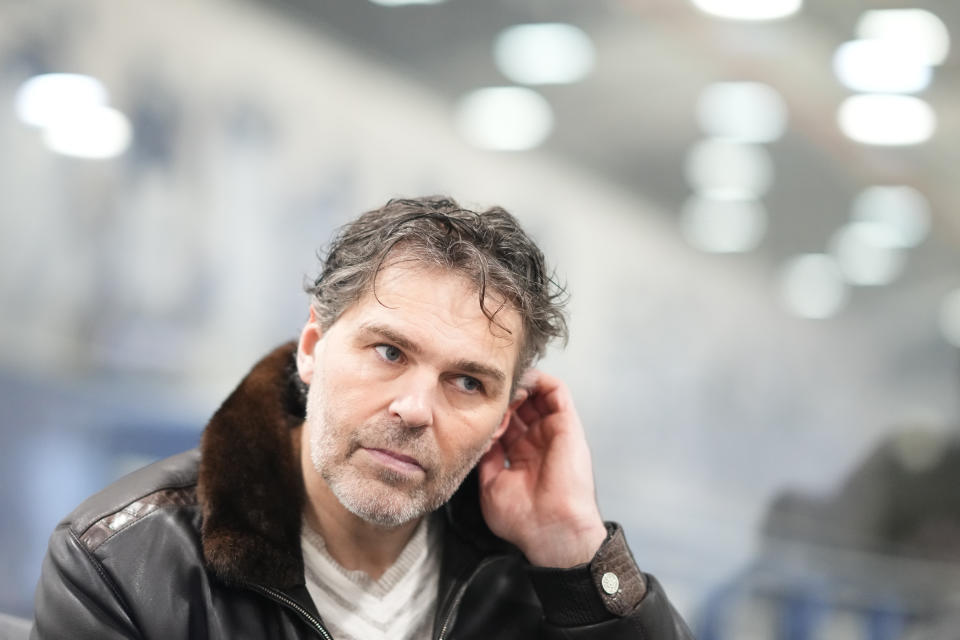 Jaromir Jagr answers a question during an interview with The Associated Press in Kladno, Czech Republic, Thursday, Feb. 8, 2024. In his 36th season as a professional hockey player, Jagr will take a short break from the Czech league this week and travel to Pittsburgh, where he made his name in the NHL with the Penguins and where his No. 68 jersey will be retired at a ceremony on Sunday. Then it’s quickly back to the Czech Republic to prepare for the next game with the Kladno Knights, who are struggling in last place in the domestic league after a 17-game losing streak. (AP Photo/Petr David Josek)