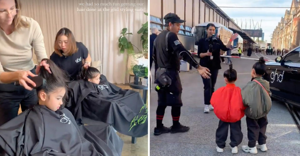 Composite image of 'kidfluencer' sisters, Mia, 5, and Tati, 3, having their hair styled and posing for photographers