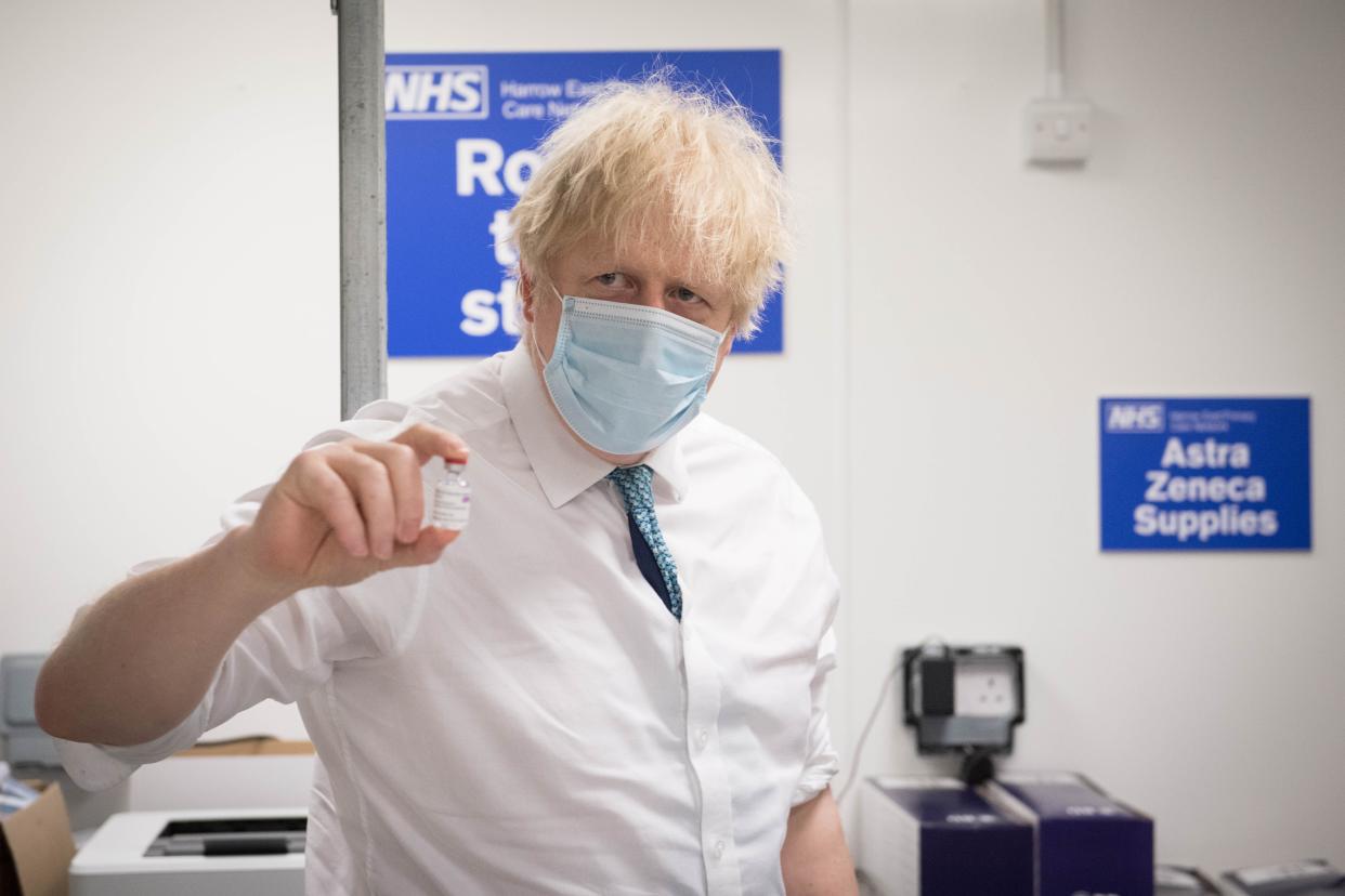 <p> Boris Johnson sees how a dose of the Oxford/Astra Zeneca Covid 19 vaccine is prepared for a mobile vaccination centre at Barnet FC's ground at The Hive</p> (PA)