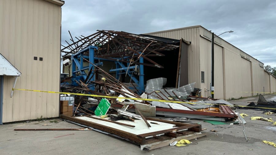 Damage to the Pointe Marine Association caused by a June 25, 2024, storm.