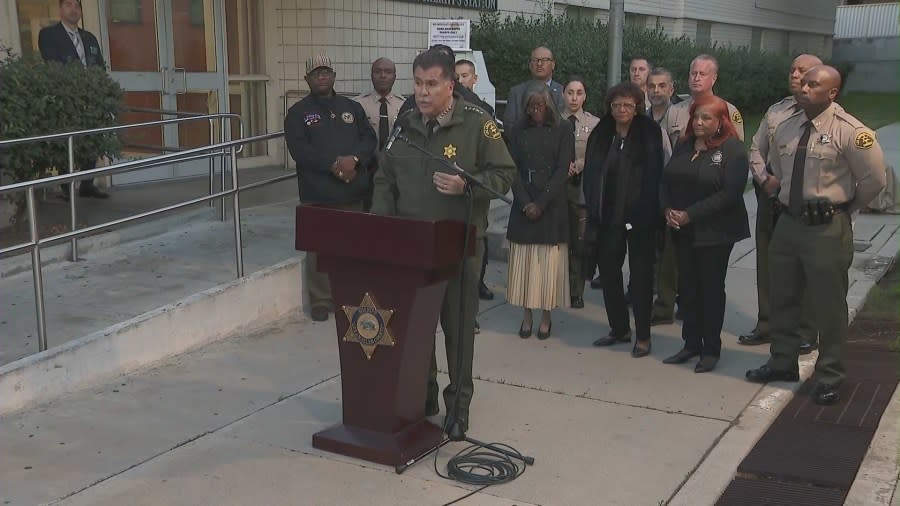 L.A. County Sheriff Robert Luna was joined by Compton city officials on Jan. 23, 2024 in announcing the arrest of five suspects for looting a Compton bakery. (KTLA)