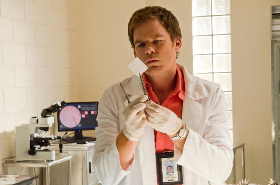 michael c hall as dexter shooting a laboratory scene on the show