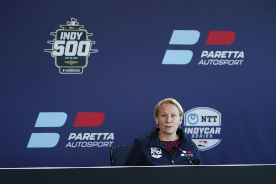 Beth Paretta speaks during a news conference at the Indianapolis Motor Speedway, Tuesday, Jan. 19, 2021, in Indianapolis. Paretta and Swiss driver Simona de Silvestro are teaming up to put a female-run race team in this year's Indianapolis 500. (AP Photo/Darron Cummings)