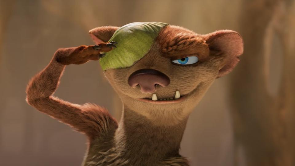 Buck the one-eyed weasel voiced by Simon Pegg gives a salute in Disney+'s The Ice Age Adventures of Buck Wild, a new Ice Age movie