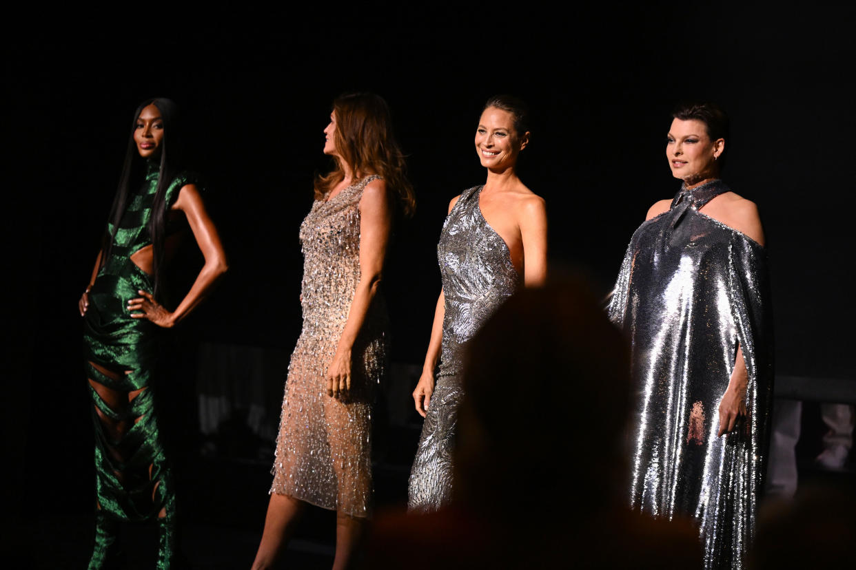 LONDON, ENGLAND - SEPTEMBER 14: (L-R) Naomi Campbell, Cindy Crawford, Christy Turlington and Linda Evangelista stand onstage during Vogue World: London at Theatre Royal Drury Lane on September 14, 2023 in London, England. (Photo by Jeff Spicer/Getty Images for Vogue)