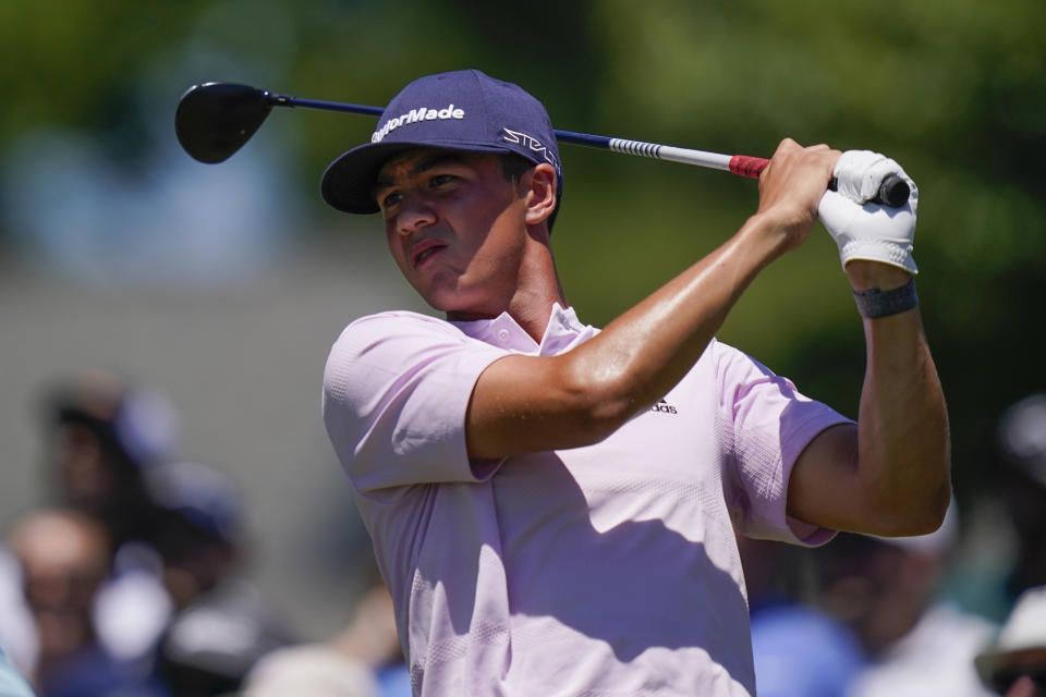 Michael Thorbjornsen hits off the first tee during the third round of the Travelers Championship golf tournament at TPC River Highlands, Saturday, June 25, 2022, in Cromwell, Conn. (AP Photo/Seth Wenig)