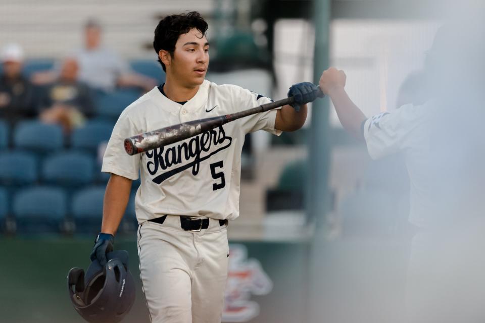 Riverside Adrian Estrada (5) celebrates at the Class 4A baseball regional quarterfinals against Snyder Friday, May 20, 2022, at Christensen Stadium, in Midland, Texas.