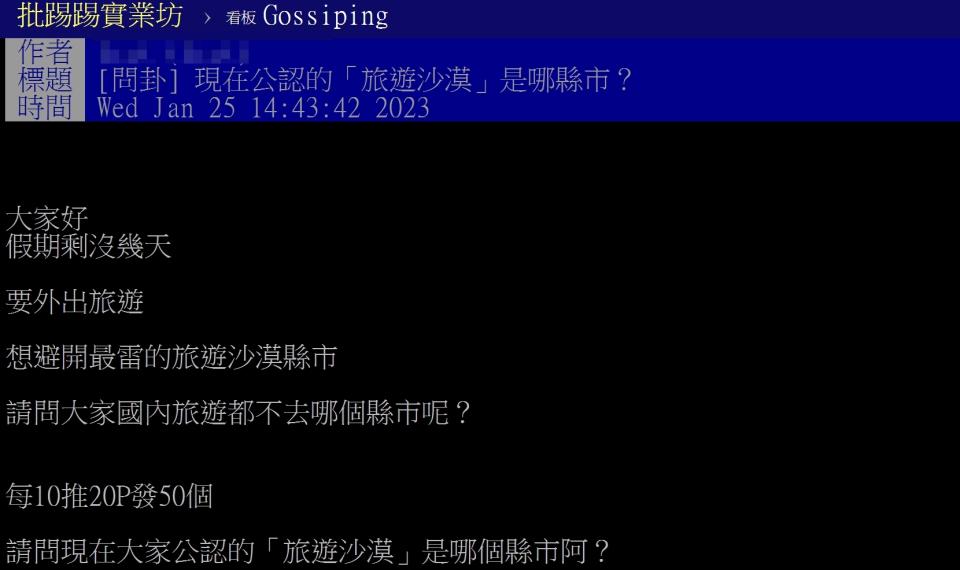 網友發文討論台灣的「旅遊沙漠」縣市。（圖／翻攝自PTT「八卦板」）