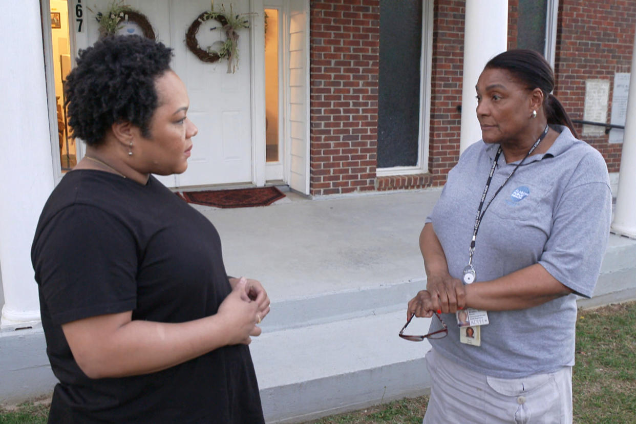 Yamiche Alcindor, left, interviews Sherry Bradley, the director of the Bureau of Environmental Services of the state Public Health Department. (NBC News)