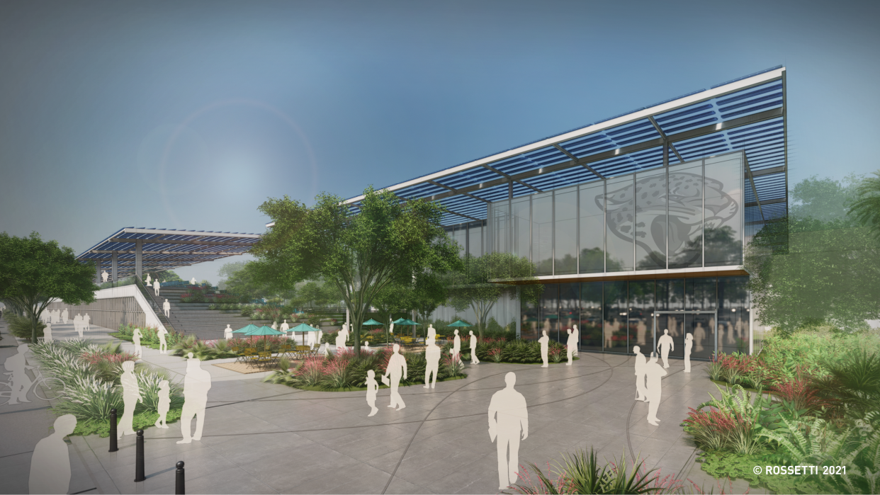 The $120 million sports performance center under construction for the Jacksonville Jaguars includes offices for coaches and facilities for players. More building permits were approved in June to continue to move the project forward.