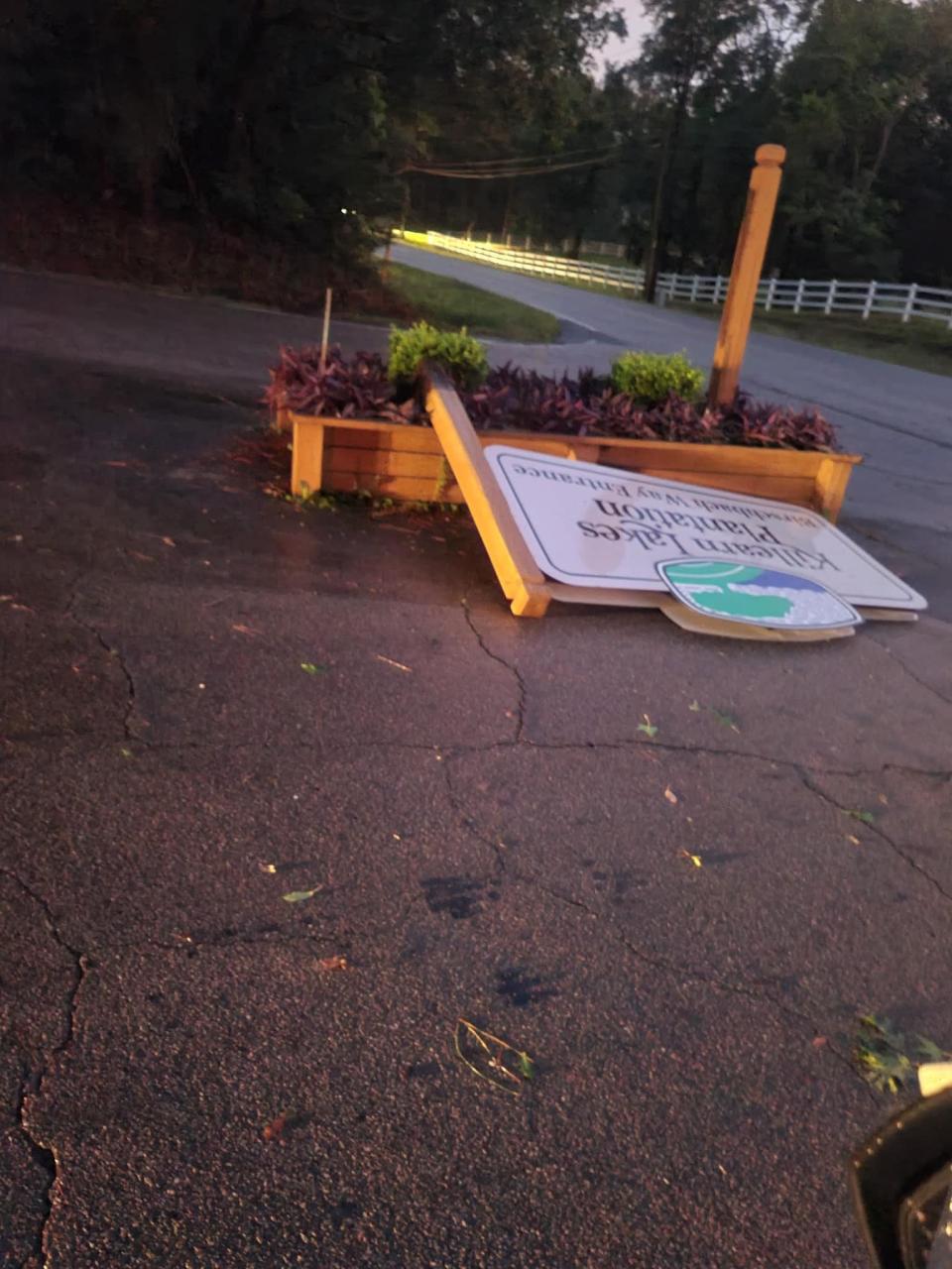 Heavy winds from severe weather and a possible tornado knocked over the Killearn Lakes Plantation sign on April 27.