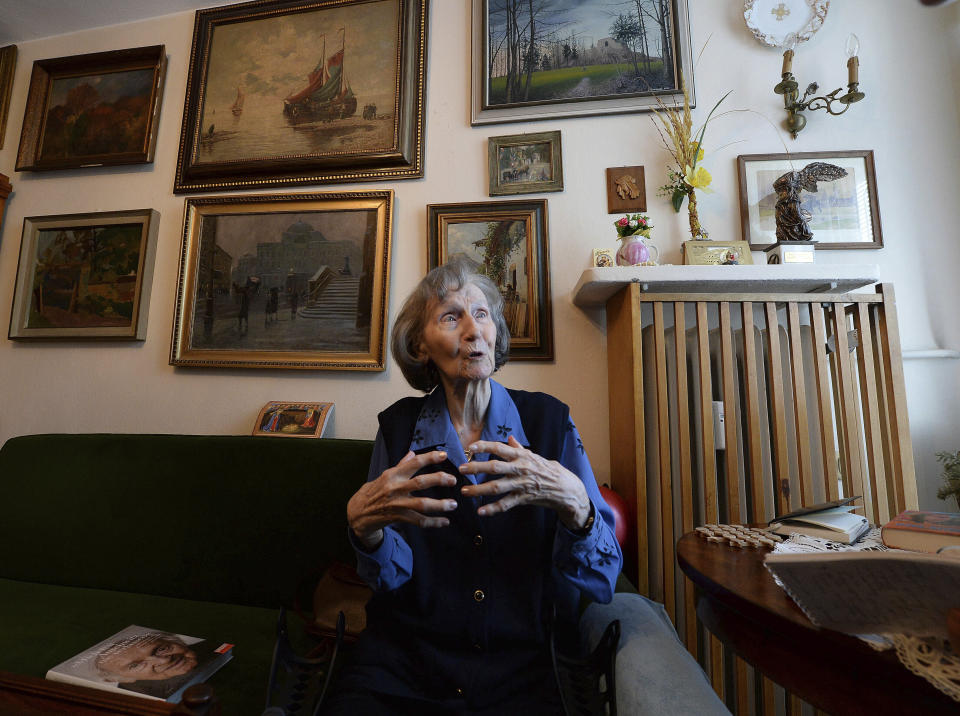 FILE - Zofia Posmysz, a 96-year-old Polish Catholic woman who survived the Nazi German concentration camps of Auschwitz and Ravensbrueck, poses at her home in Warsaw, Poland, Tuesday, Jan. 14, 2020. Posmysz, who later became a journalist and author of the novels including “The Passenger,” died Monday, Aug. 8, 2022, according to the Auschwitz-Birkenau state memorial museum. She was 98. (AP Photo/Czarek Sokolowski, File)