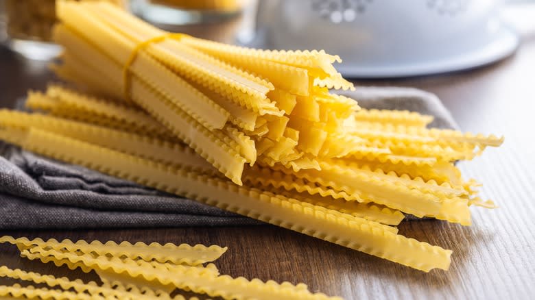 close up of mafaldi pasta