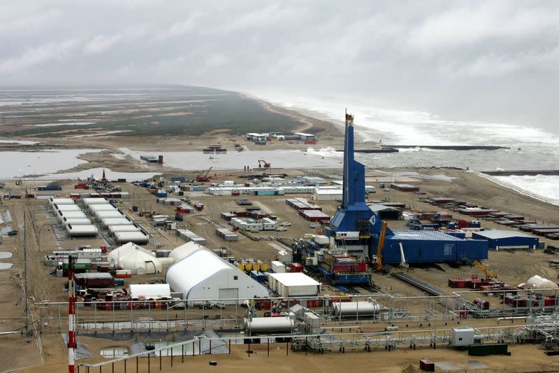 FILE PHOTO: An aerial view shows the Yastreb land rig at Sakhalin-1's Chaivo field, some 1,000 km north of Yuzhno Sakhalinsk,