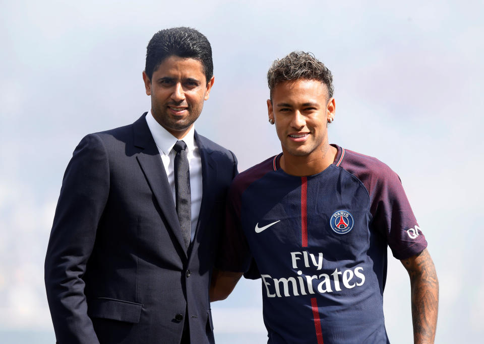 Soccer Football - Paris St Germain vs Amiens SC - Ligue 1 - Paris, France - August 5, 2017   PSG chairman Nasser Al-Khelaifi with Neymar during the presentation   REUTERS/Christian Hartmann