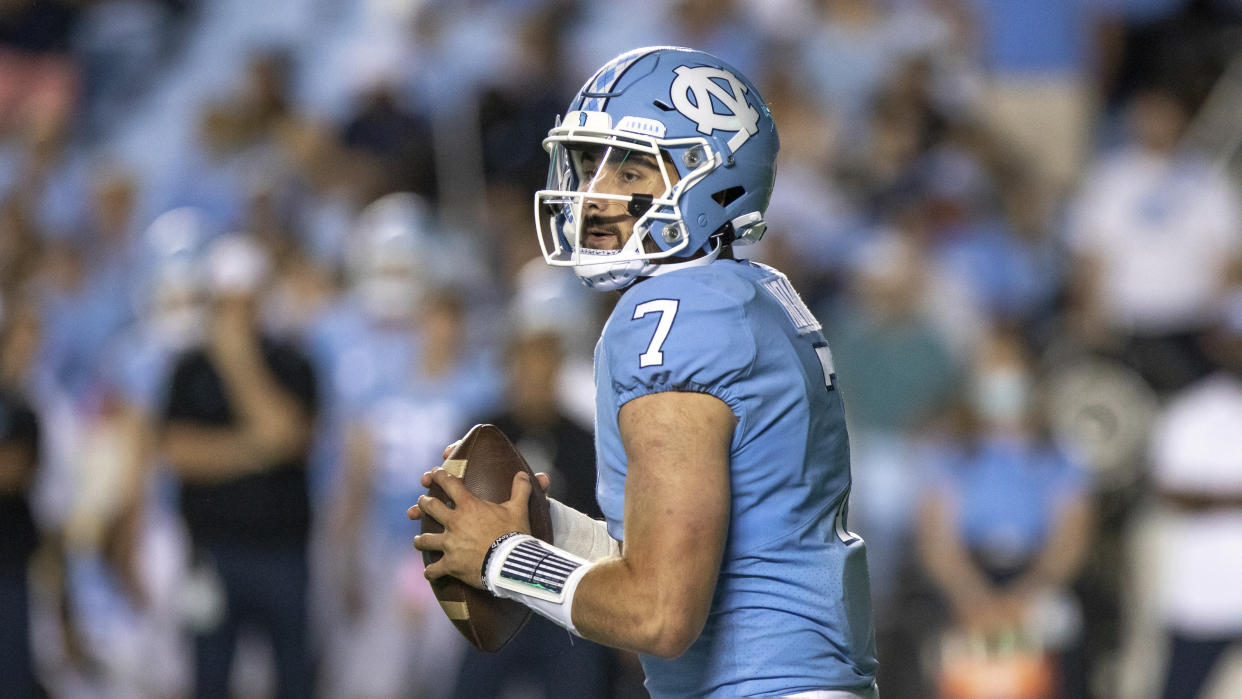 North Carolina's Sam Howell (7) looks to pass during an NCAA football game on Saturday, Sept. 11, 2021, in Chapel Hill, N.C. (AP Photo/Ben McKeown)