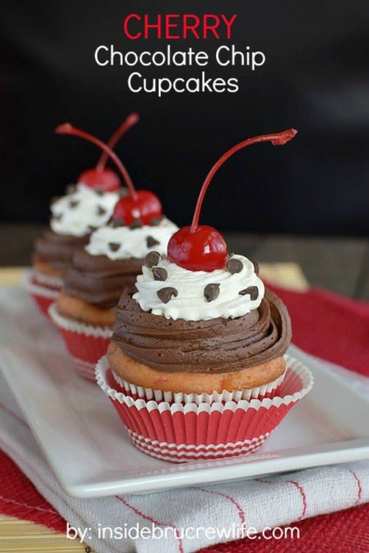 <p>Inside BruCrew Life</p><p>Cherries and chocolate add a fun surprise to these Cherry Chocolate Chip Cupcakes. Two kinds of toppings give these easy treats a fun bakery touch.</p><p><strong>Get the recipe: <a href="https://insidebrucrewlife.com/cherry-chocolate-chip-cupcakes/" rel="nofollow noopener" target="_blank" data-ylk="slk:Cherry Chocolate Chip Cupcakes;elm:context_link;itc:0;sec:content-canvas" class="link ">Cherry Chocolate Chip Cupcakes</a></strong></p><p><strong>Related: <a href="https://parade.com/984204/kristamarshall/best-cherry-dessert-recipes/" rel="nofollow noopener" target="_blank" data-ylk="slk:45 Best Cherry Desserts;elm:context_link;itc:0;sec:content-canvas" class="link ">45 Best Cherry Desserts</a></strong></p>