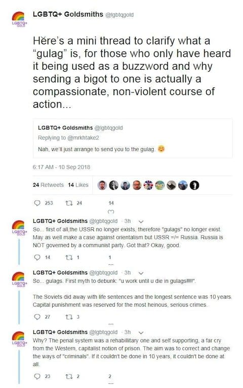 The original Twitter thread from Goldsmith LGBTQ, since removed - Credit: archive.today