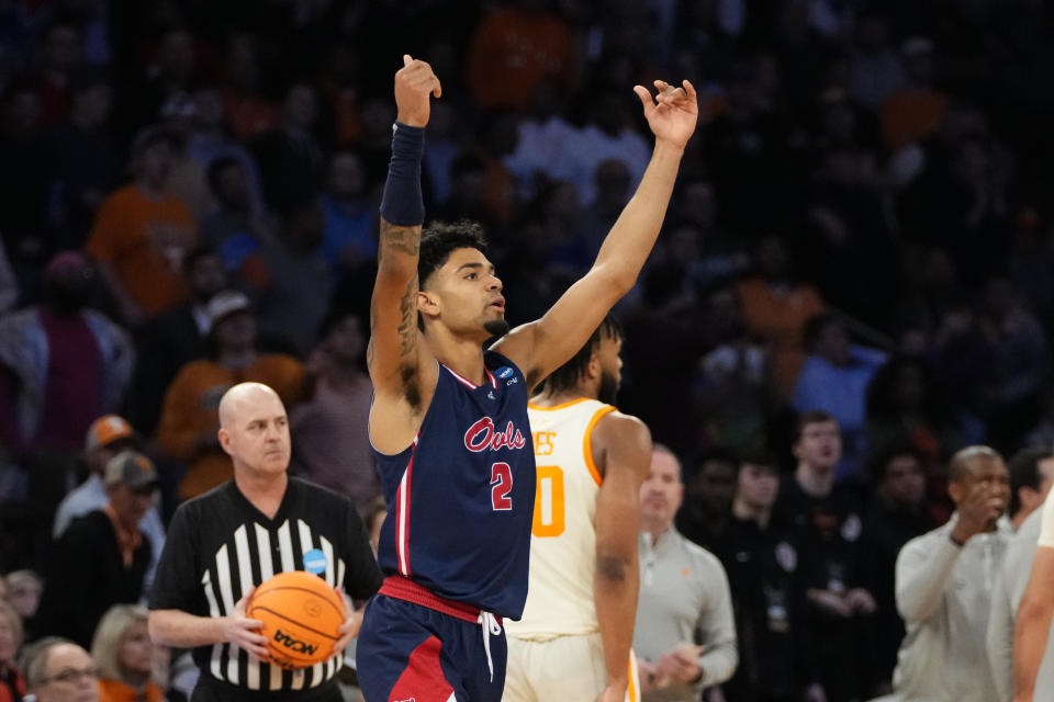 Florida Atlantic guard Nicholas Boyd reacts after a play during the second half of a Sweet 16 college basketball game against Tennessee in the East Regional of the NCAA tournament at Madison Square Garden, Thursday, March 23, 2023, in New York. (AP Photo/Frank Franklin II)