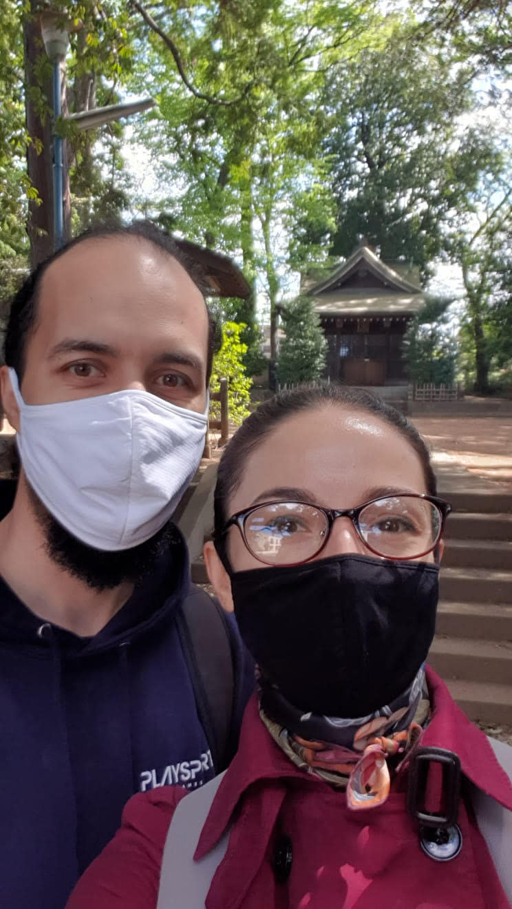 Brazilian Kurt Daniger and his Romanian wife Norica, pictured outside the temple in their suburb outside Tokyo, where they moved in October 2019, months before the outbreak of the pandemicKurt Daniger