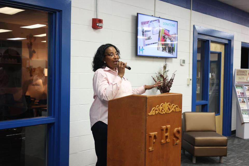 Rhonda Blackwell-Flanagan, principal of Hartsfield Elementary School, speaks at a ribbon cutting ceremony for the school's new Family Resource Center on Thursday morning.