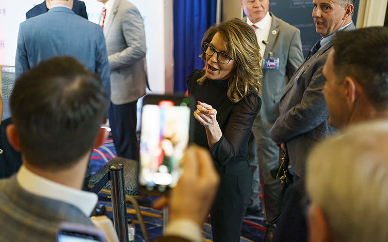 Former Alaska Gov. Sarah Palin (R) is seen during the Conservative Political Action Conference (CPAC) at the Gaylord National Resort and Convention Center in National Harbor, Md., on Thursday, March 2, 2023. <em>Greg Nash</em>