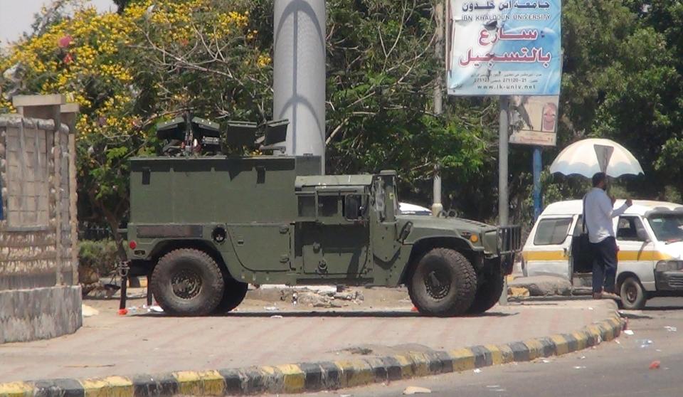 Military vehicle is positioned on a street in Yemen's southern city of Aden
