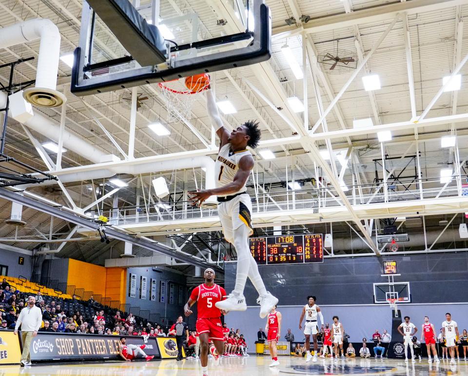 UW-Milwaukee guard Markeith Browning II (1) scores during the second half of their game against Boston University on Sunday November 27, 2022 at the Klotsche Center in Milwaukee, Wis.